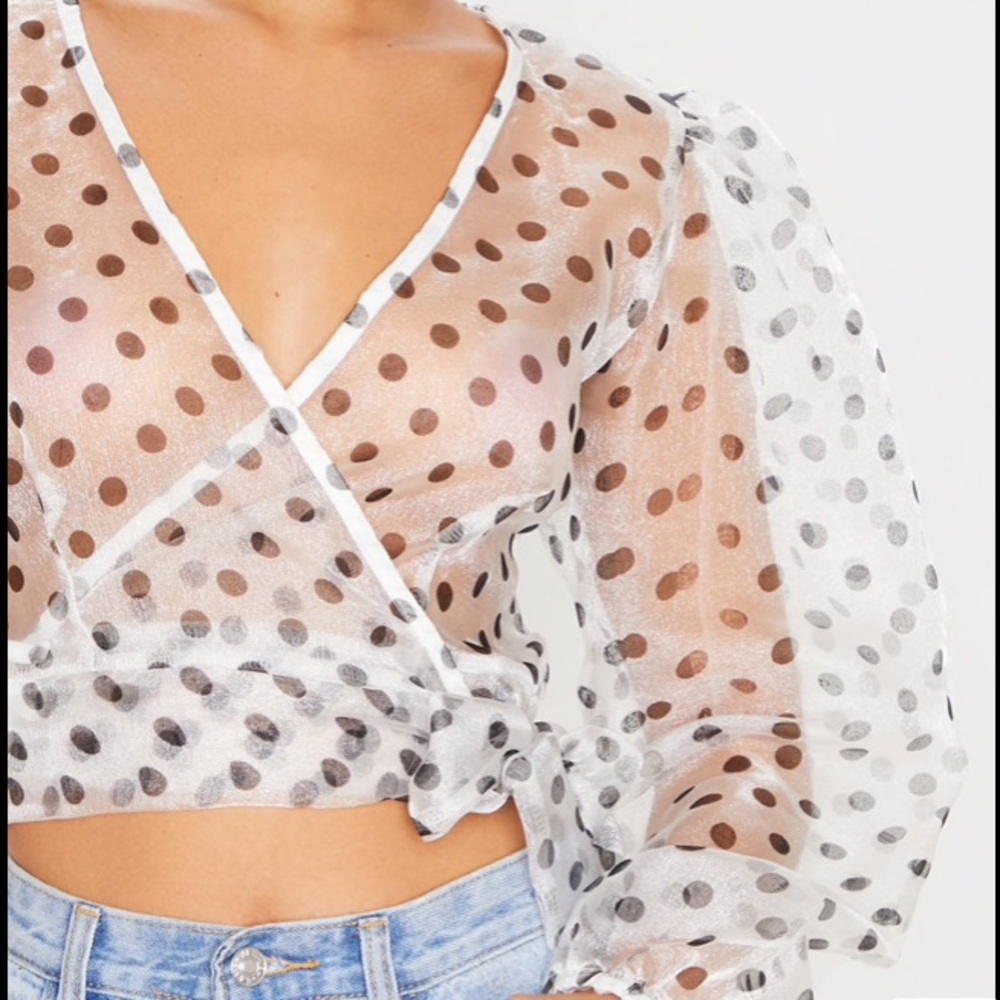 SHEER POLKA DOT TIE FRONT BLOUSE